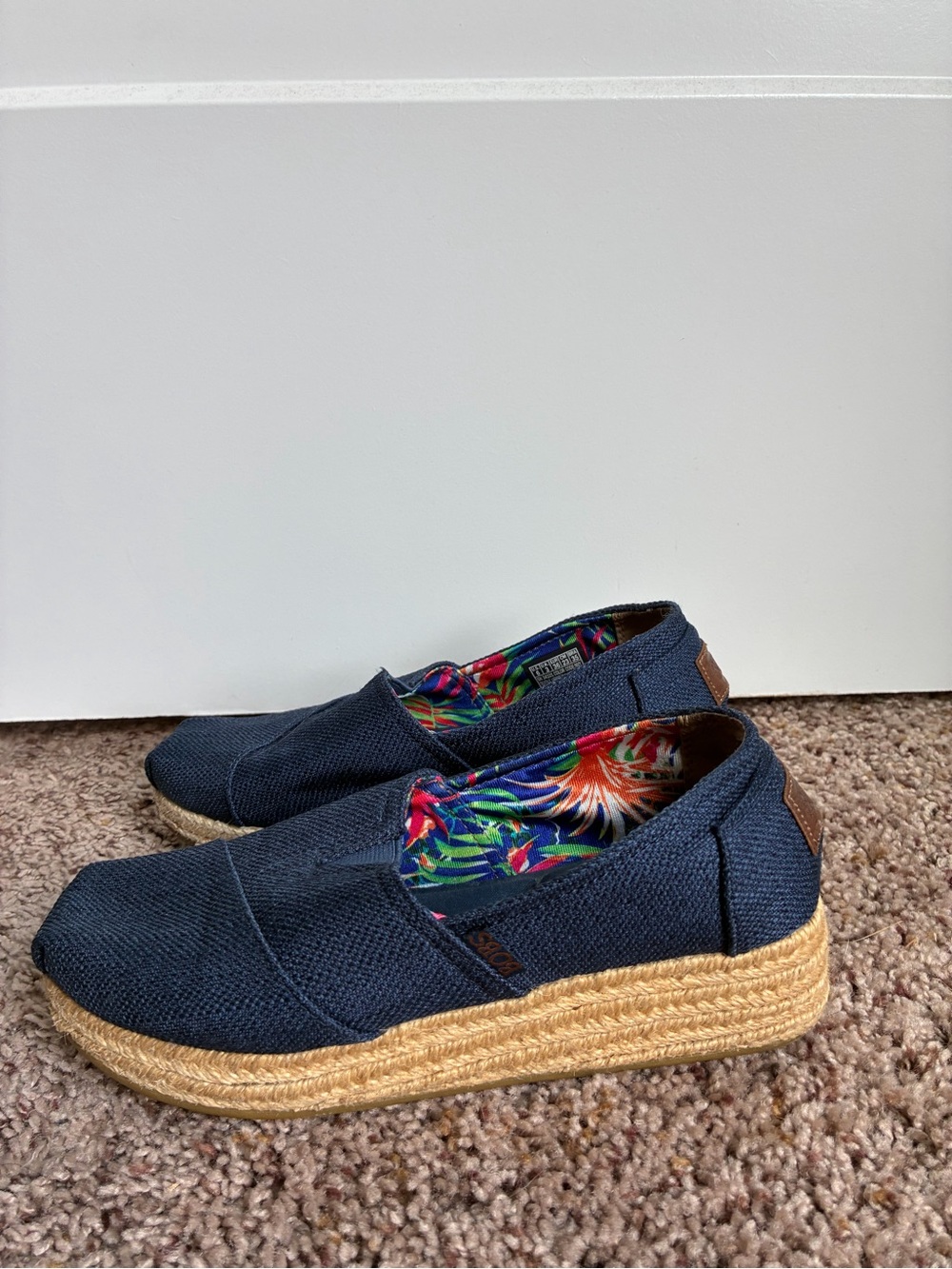 TOMS Navy Canvas Espadrille Platform Slip-On with Floral Lining